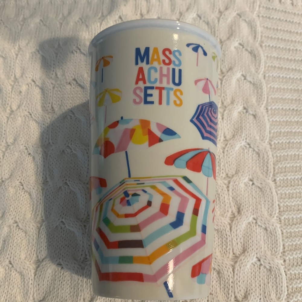 Starbucks  Massachusetts  ceramic  travel mug beach umbrellas.  Missing lid